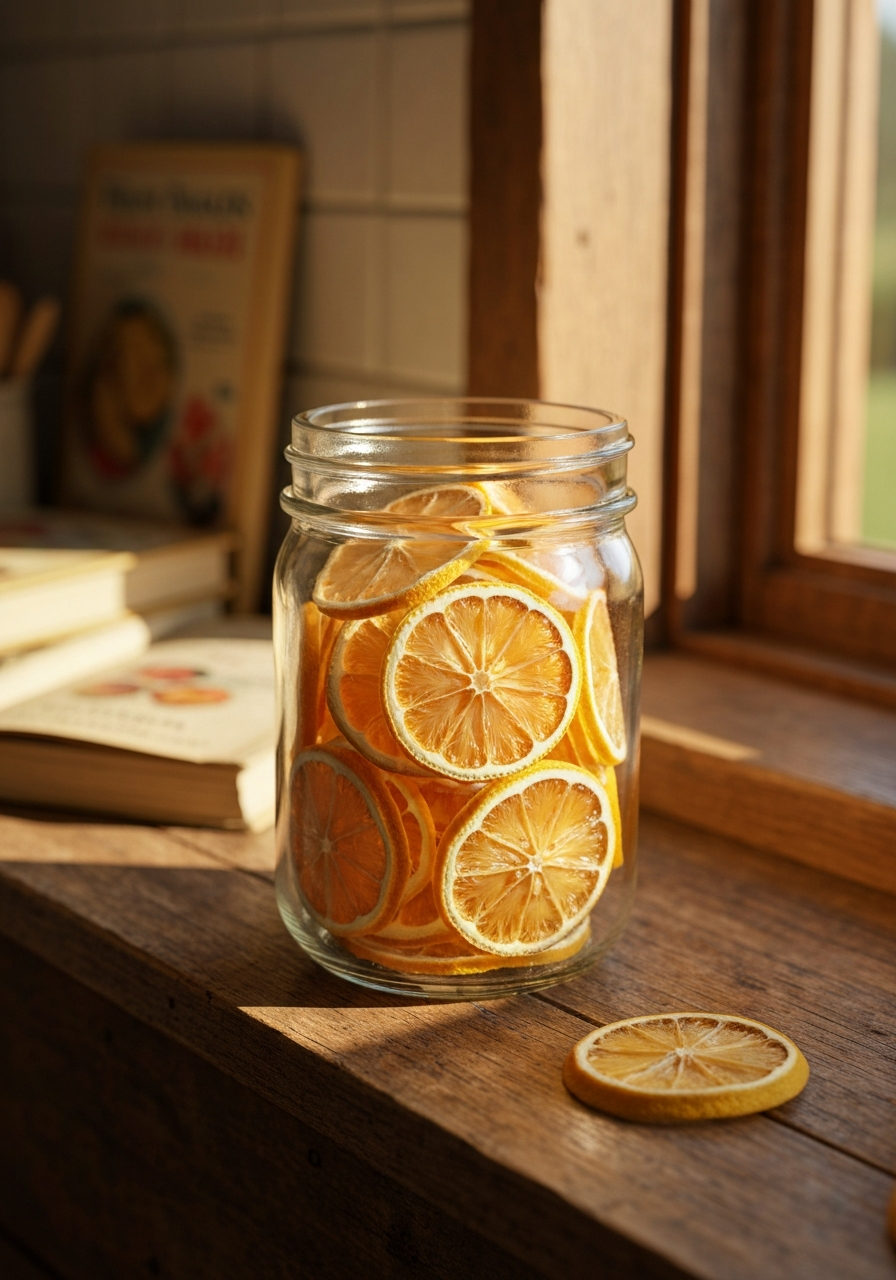 Mason jar of freeze-dried lemon slices on a sunny windowsill