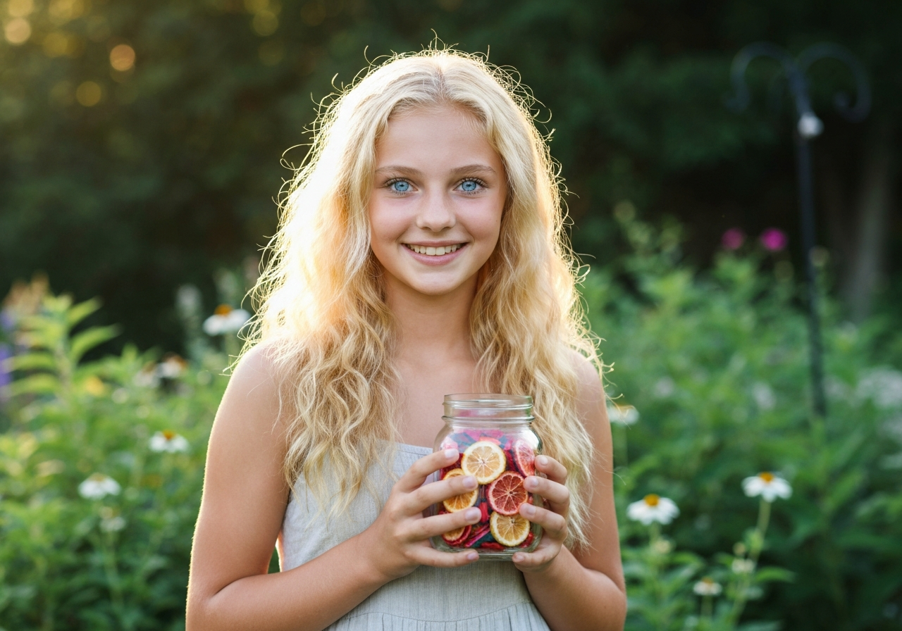 Roxy in the garden with a mason jar of freeze-dried fruit